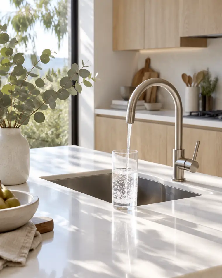 Filtered water filling a glass at a kitchen sink